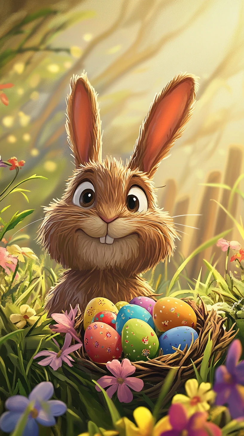 Verspielter Hase versteckt ein buntes Frühlings-Osternest