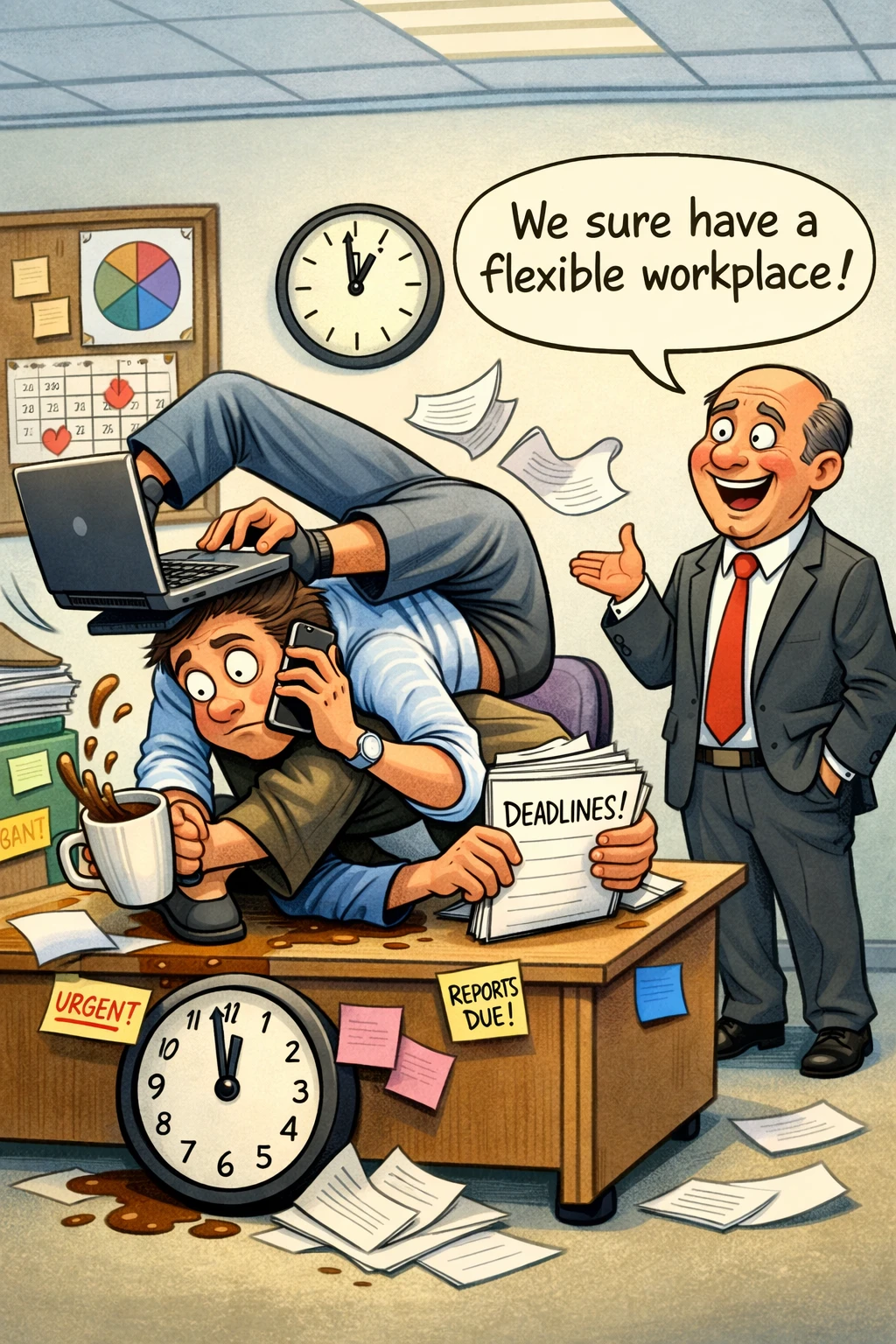 Büroangestellter jongliert Tools in absurdem Firmen‑Cartoon