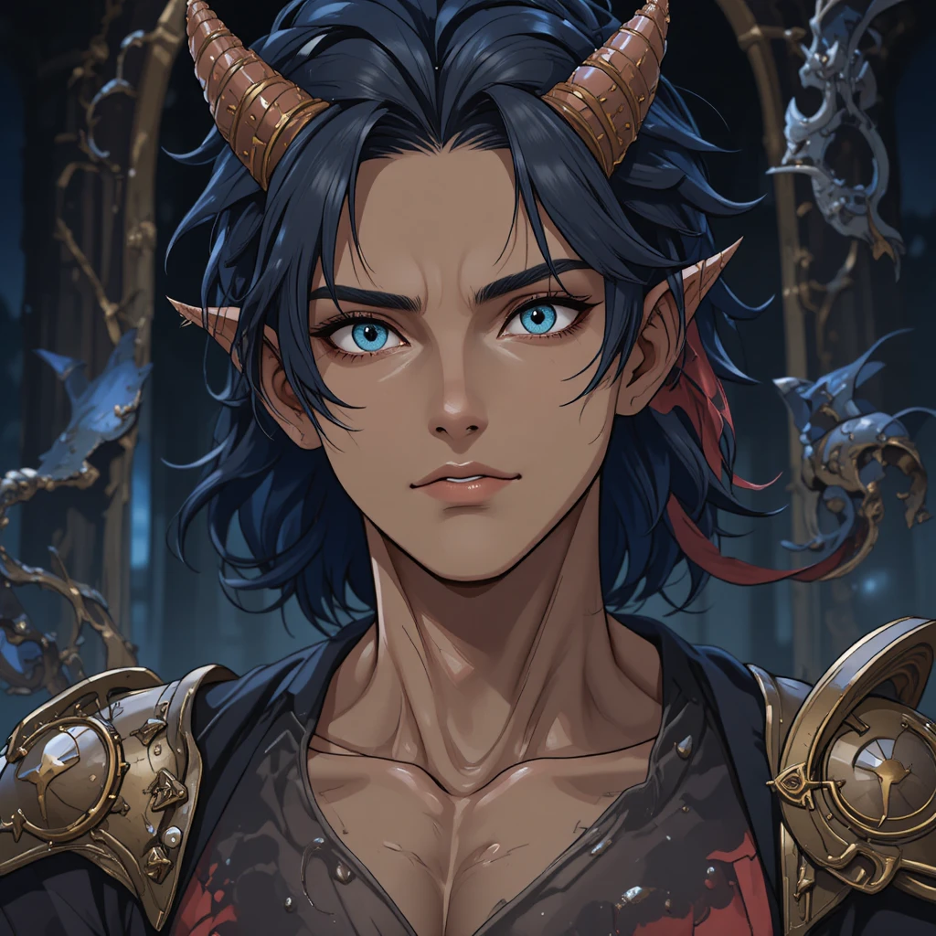 Dark god with horns and tail in a fantasy realm
