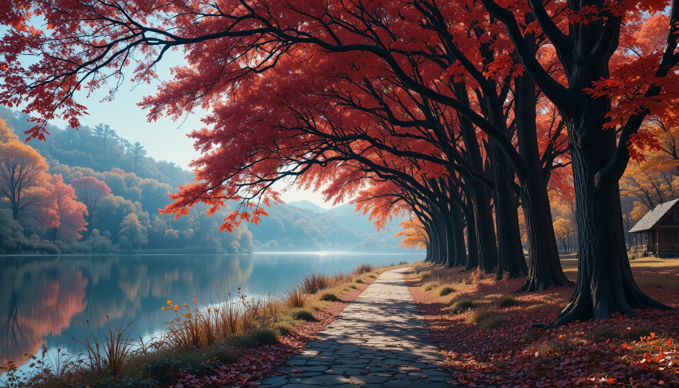 Surreal forest path by a lake leading to a cabin