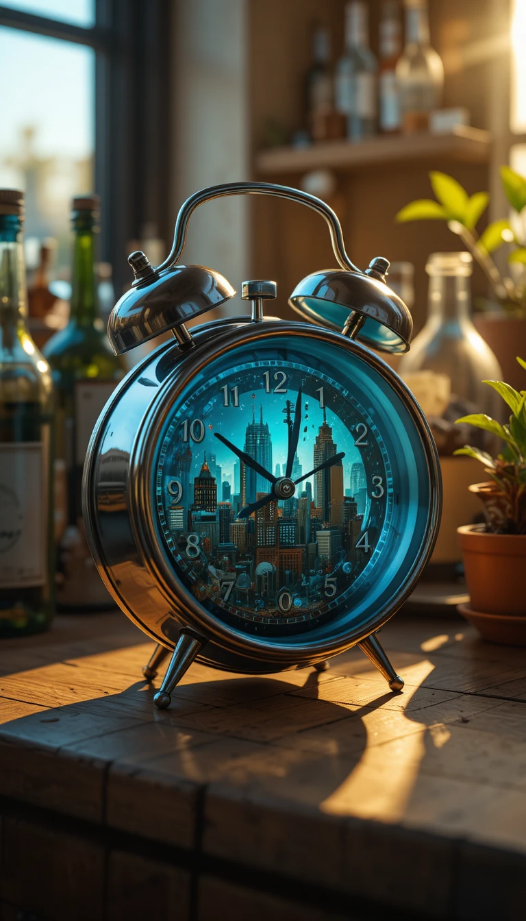 Vintage alarm clock with blue face on wooden table