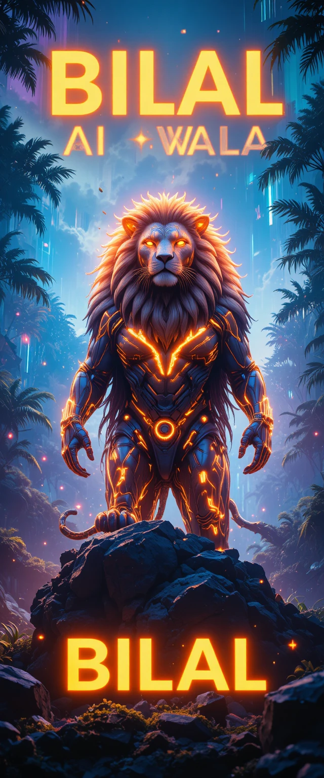 Majestic cyber lion standing on rock in neon jungle