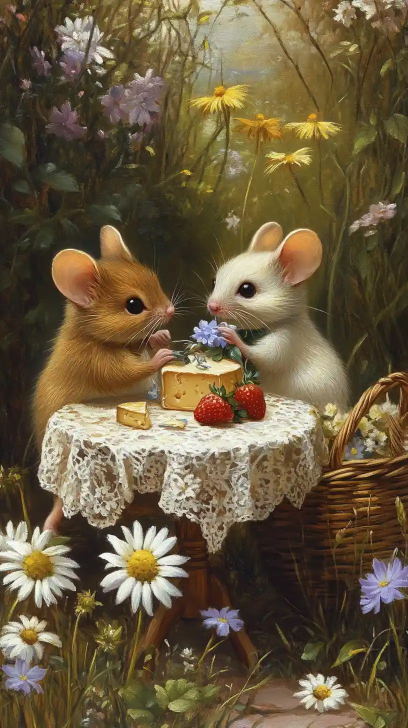 Deux souris partageant un thé à une minuscule table dans un pré