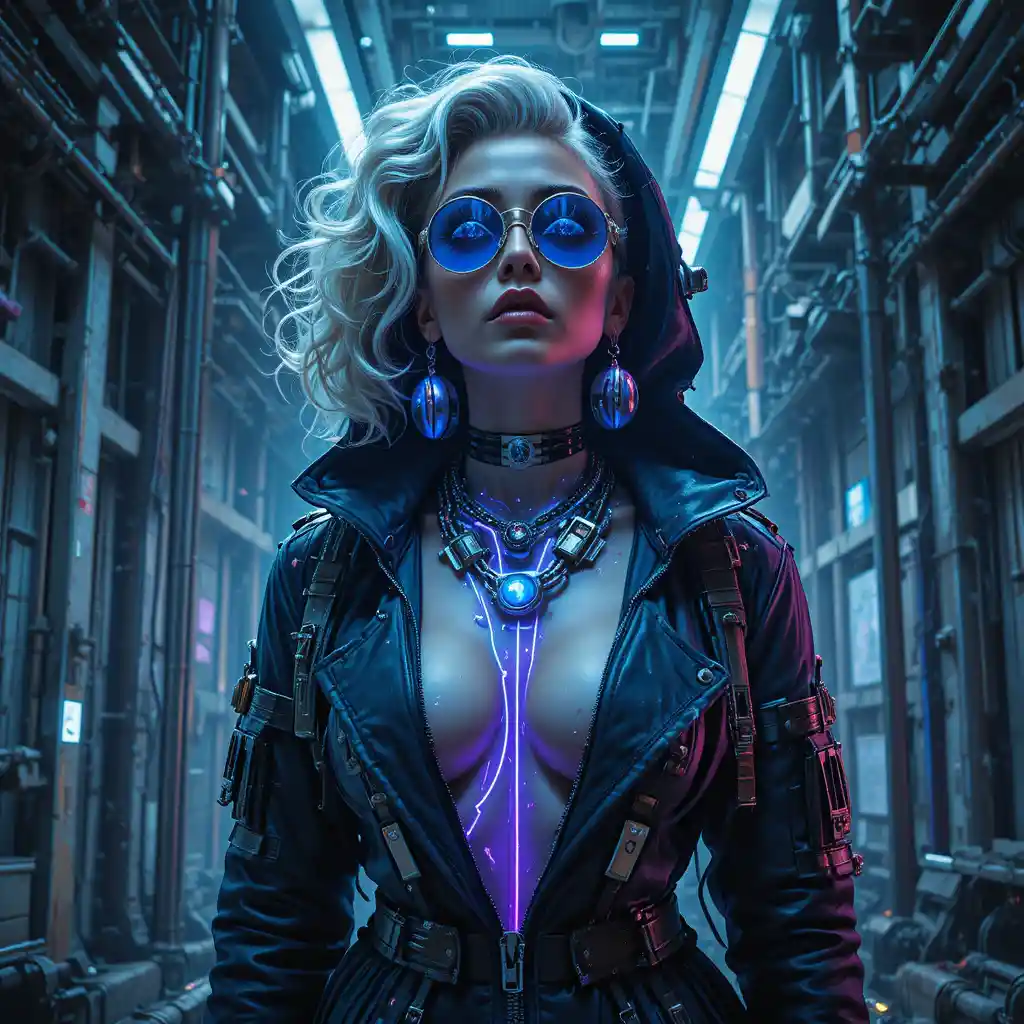 Cyberpunk femme fatale in an orbital elevator shaft