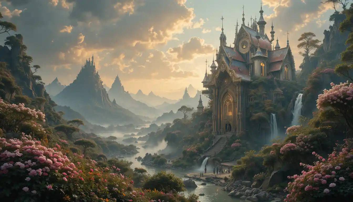 Dipinto paesaggistico cinematografico con atmosfera misteriosa e senza tempo