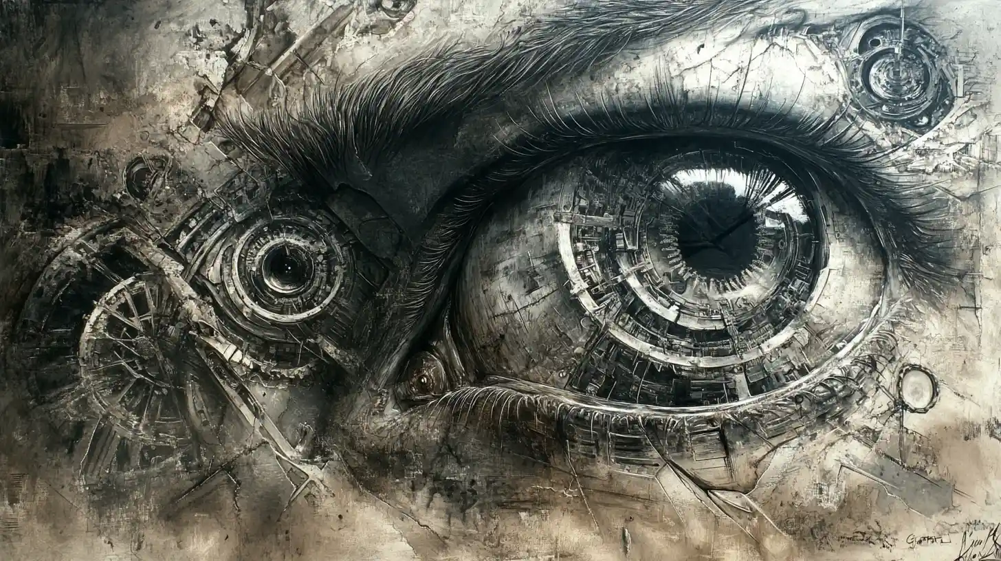 Olhos mecânicos surreais em desenho a carvão abstrato e flamejante