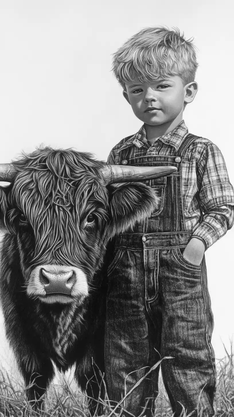 Jovem fazendeiro com vaca Highland em desenho a carvão