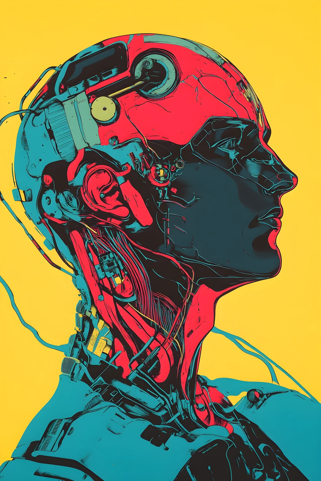 Cyborg-Mann im mehrschichtigen Risographiestil mit wechselnden Farben