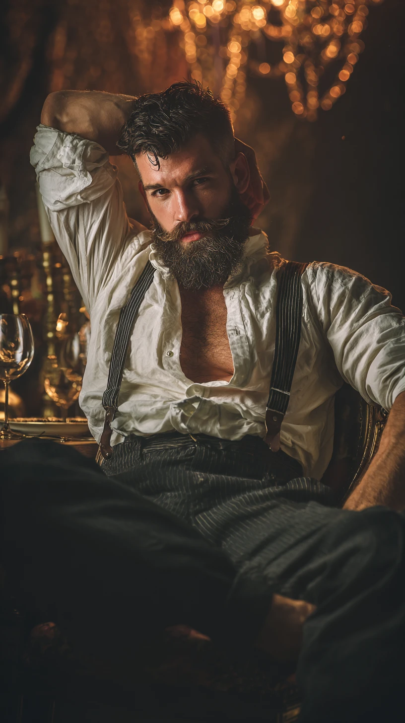 Bearded sailor posing at outdoor french summer cafe
