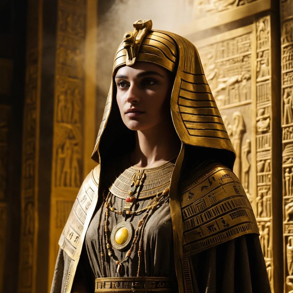 古代エジプト神殿で発光する器を掲げる神秘的な女性