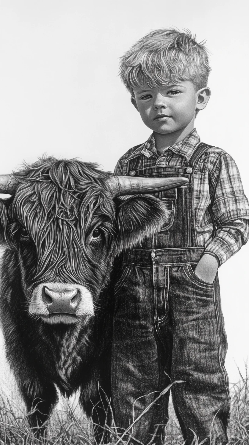 Jovem fazendeiro com vaca Highland em desenho a carvão