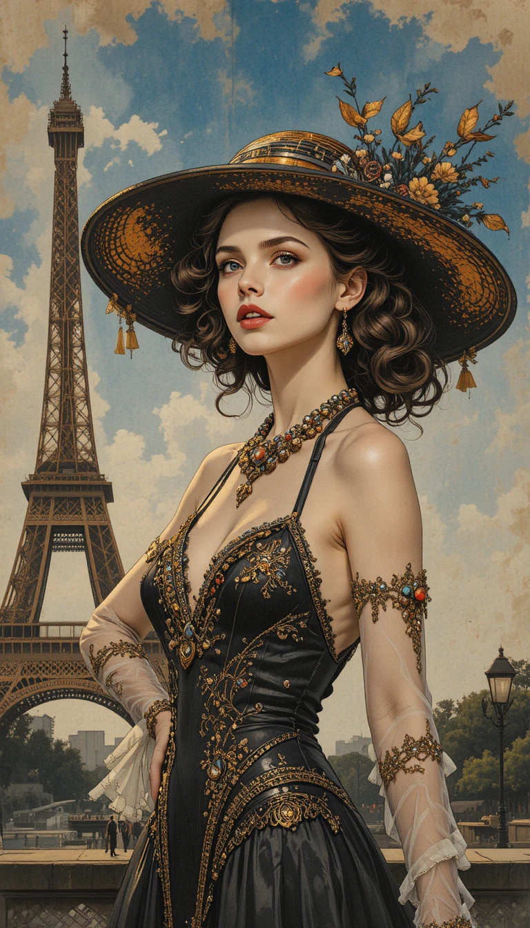 Elegant Parisian woman in vintage dress by Eiffel Tower