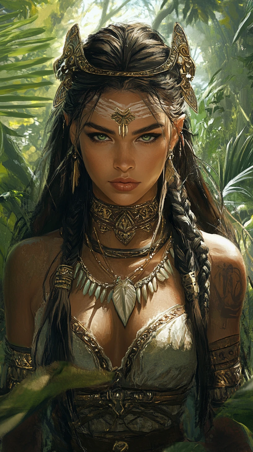 Amazon warrior queen in a lush jungle close up