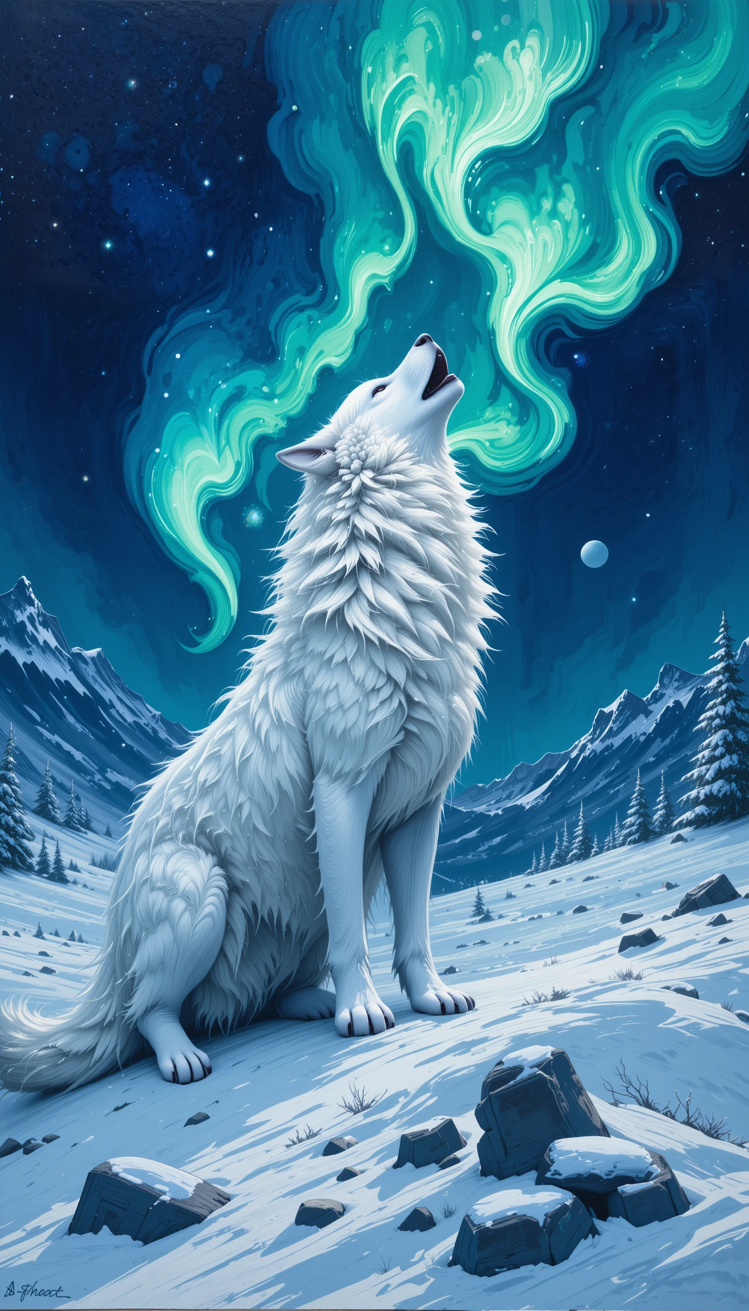 Lobo branco uivando sob o céu iluminado pela aurora boreal