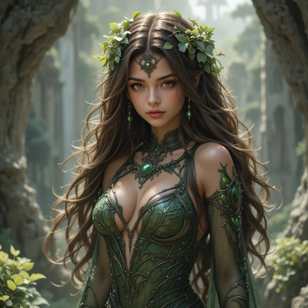 Garota deusa da terra com pele marrom e olhos verdes