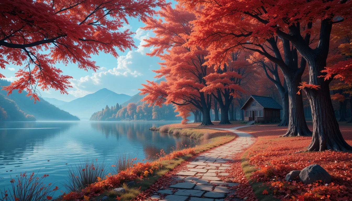 Magico sentiero autunnale nel bosco accanto a un lago tranquillo e riflettente