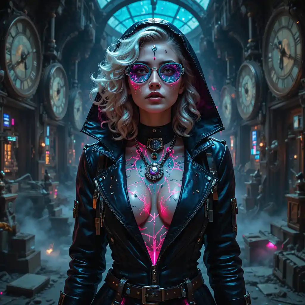 Cyberpunk-Frau im zerstörten Inneren einer Zeitmaschine