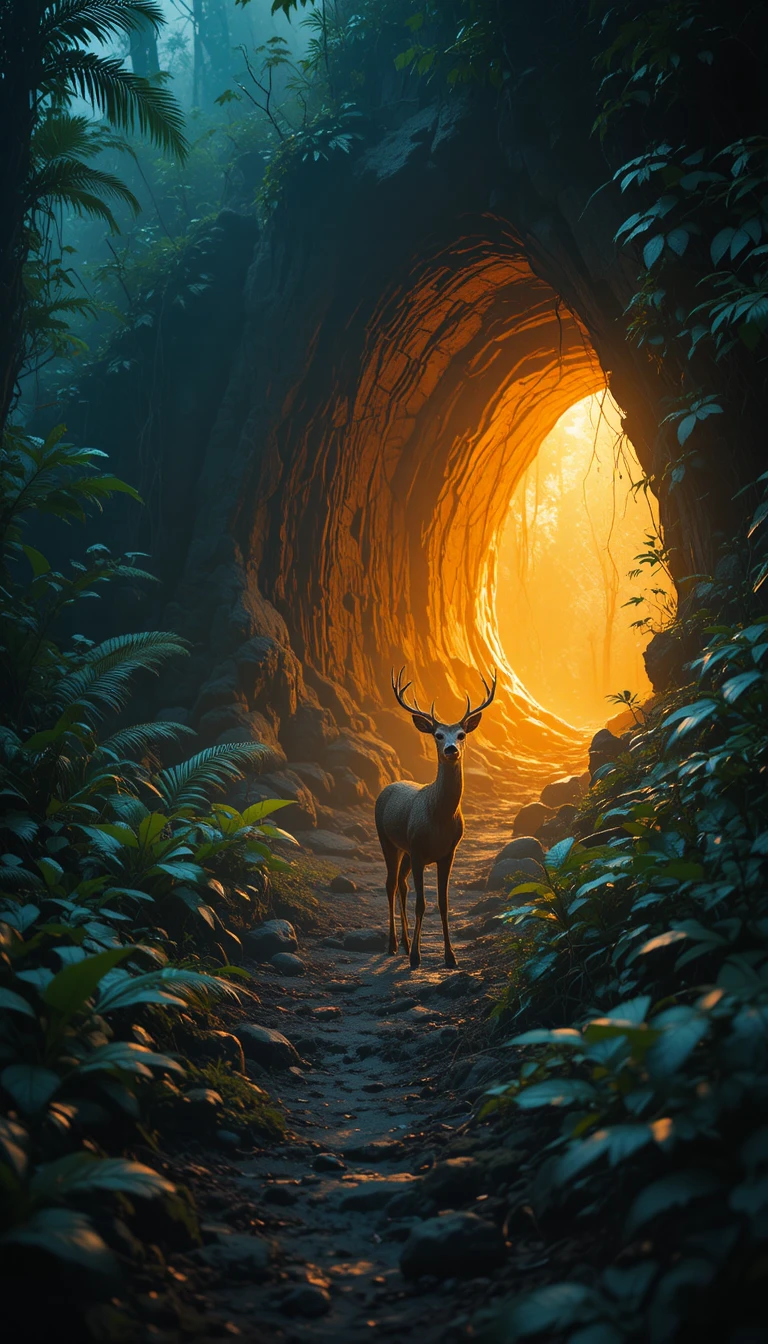 Cerf Apeuré Près d’une Grotte Lumineuse dans une Jungle Dense