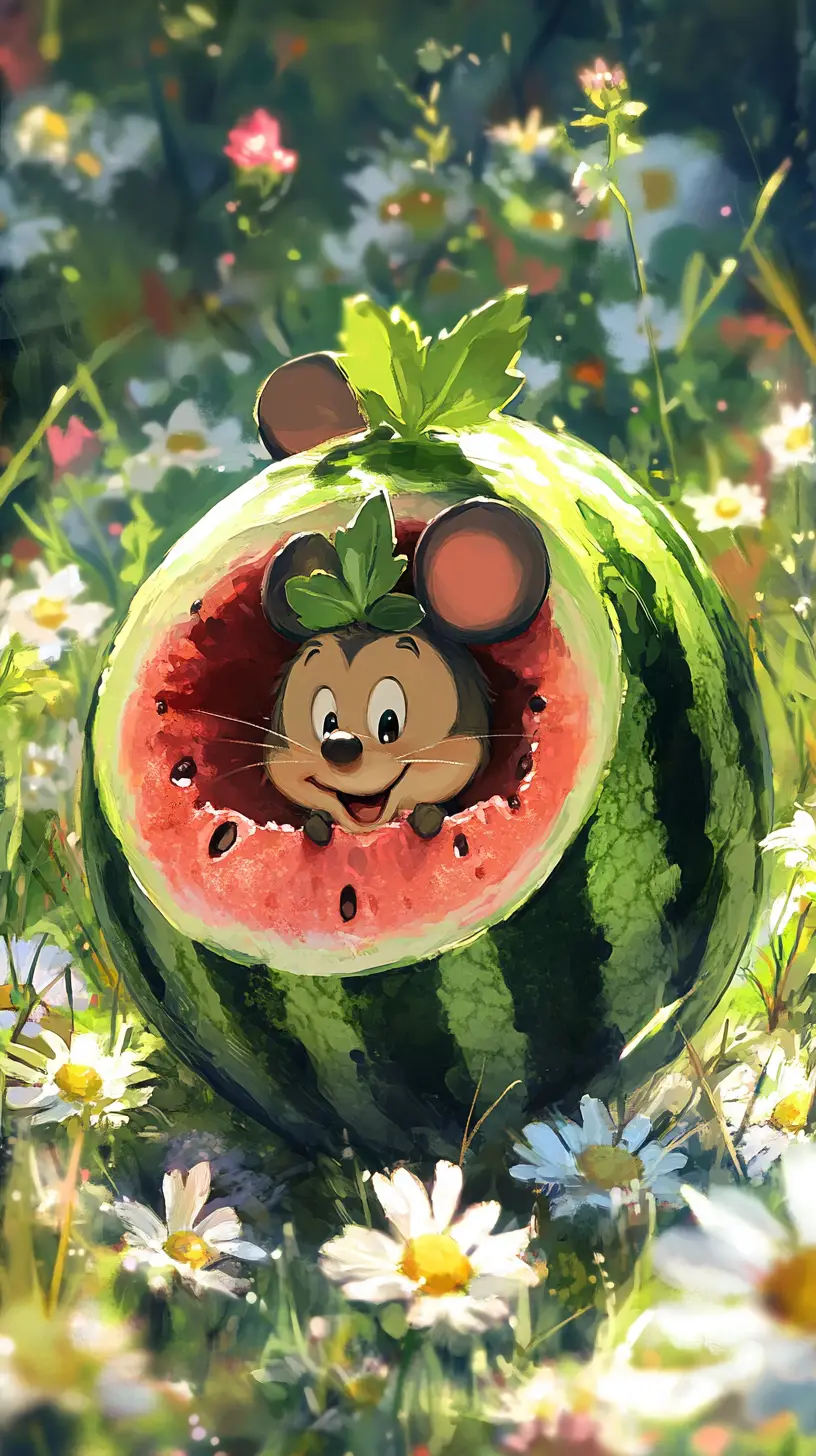 Melancia sorridente com ratinho em um campo de flores silvestres