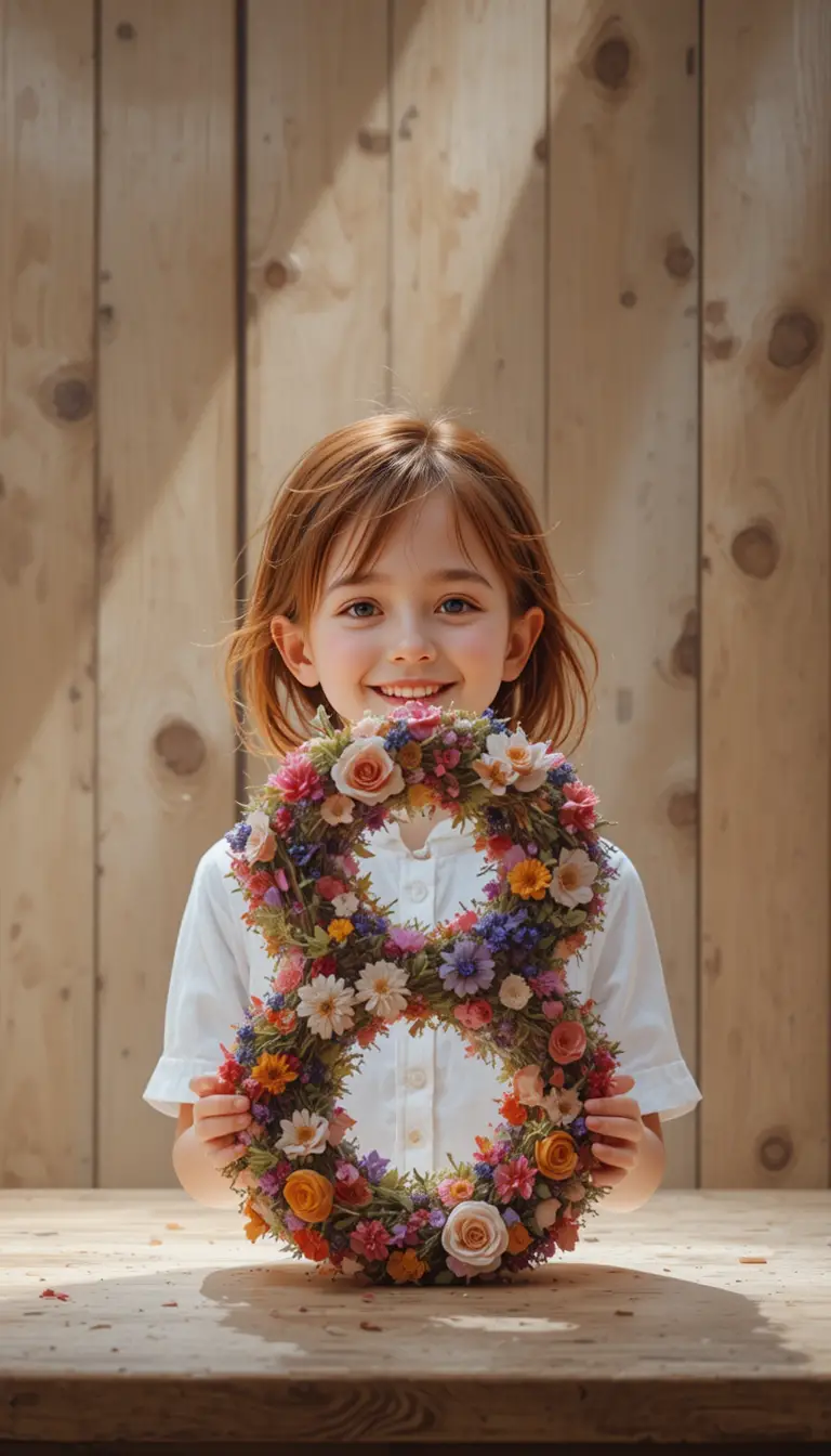 Menina ruiva sorridente com design floral do número oito