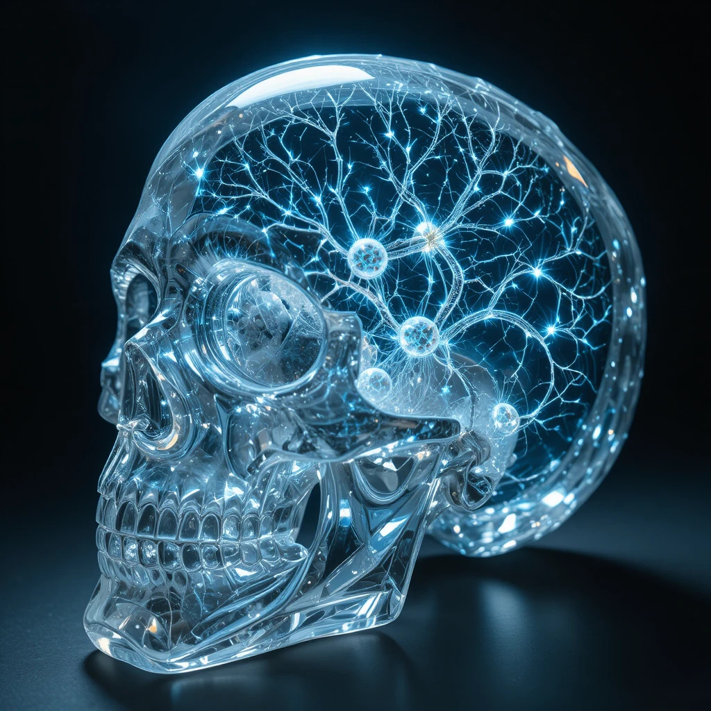 Crâne de cristal avec lumière neuronale brillante dans un espace sombre