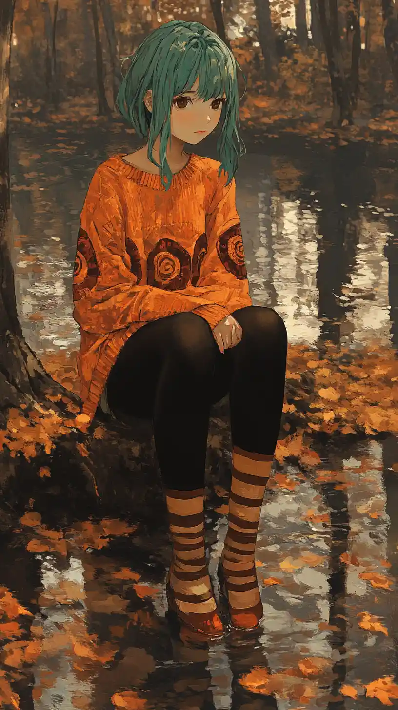 Ragazza anime che cammina da sola su un sentiero dorato nella foresta autunnale