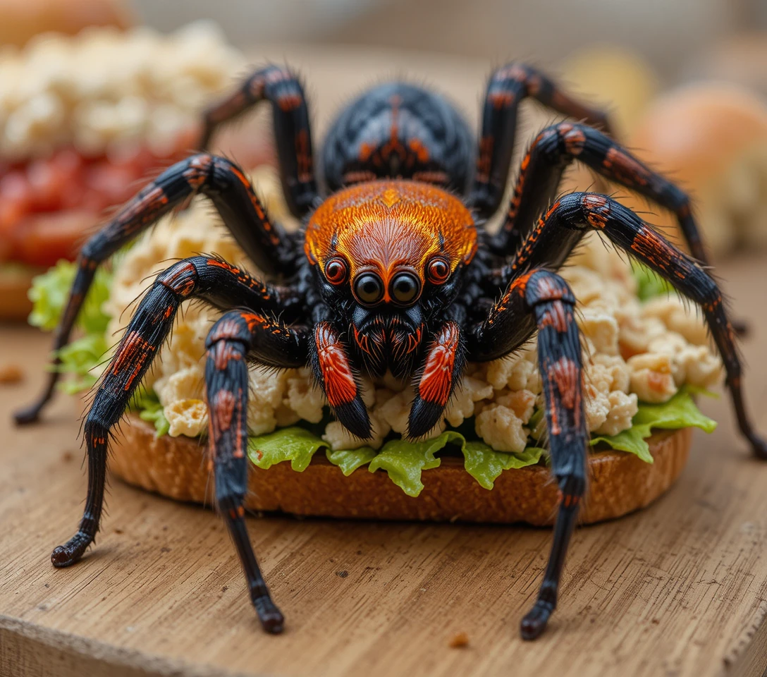 Close de uma aranha peluda em um sanduíche de salada de frango