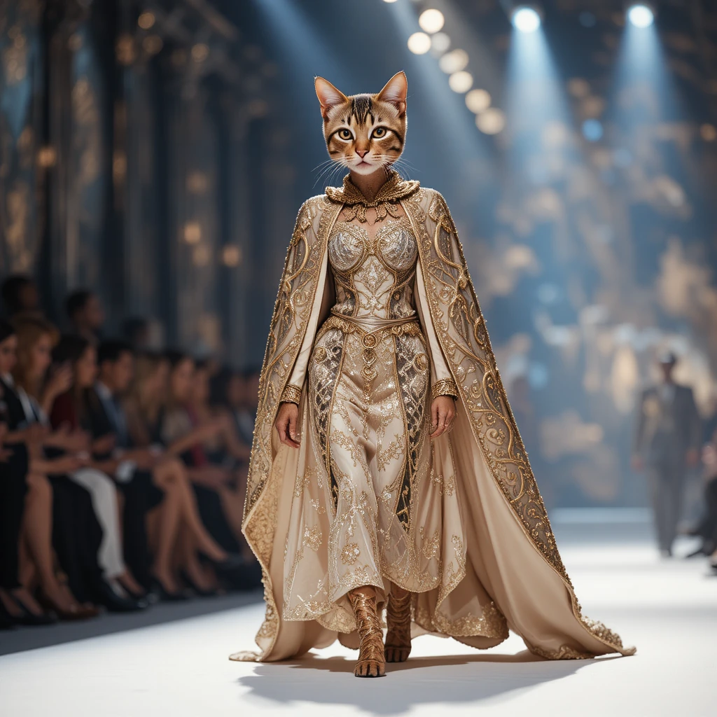 Gato de Bengala com capa real desfilando na passarela de moda