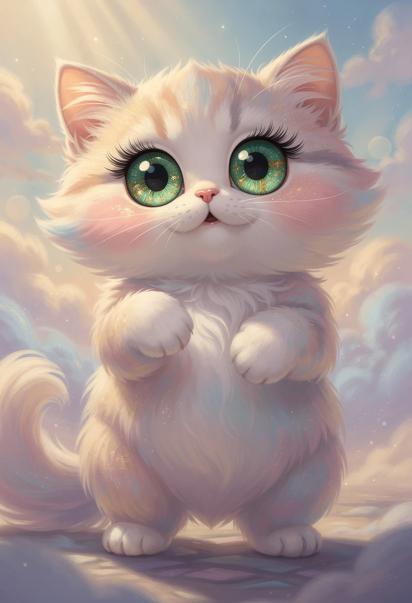 Chat pastel duveteux debout avec d’énormes yeux verts