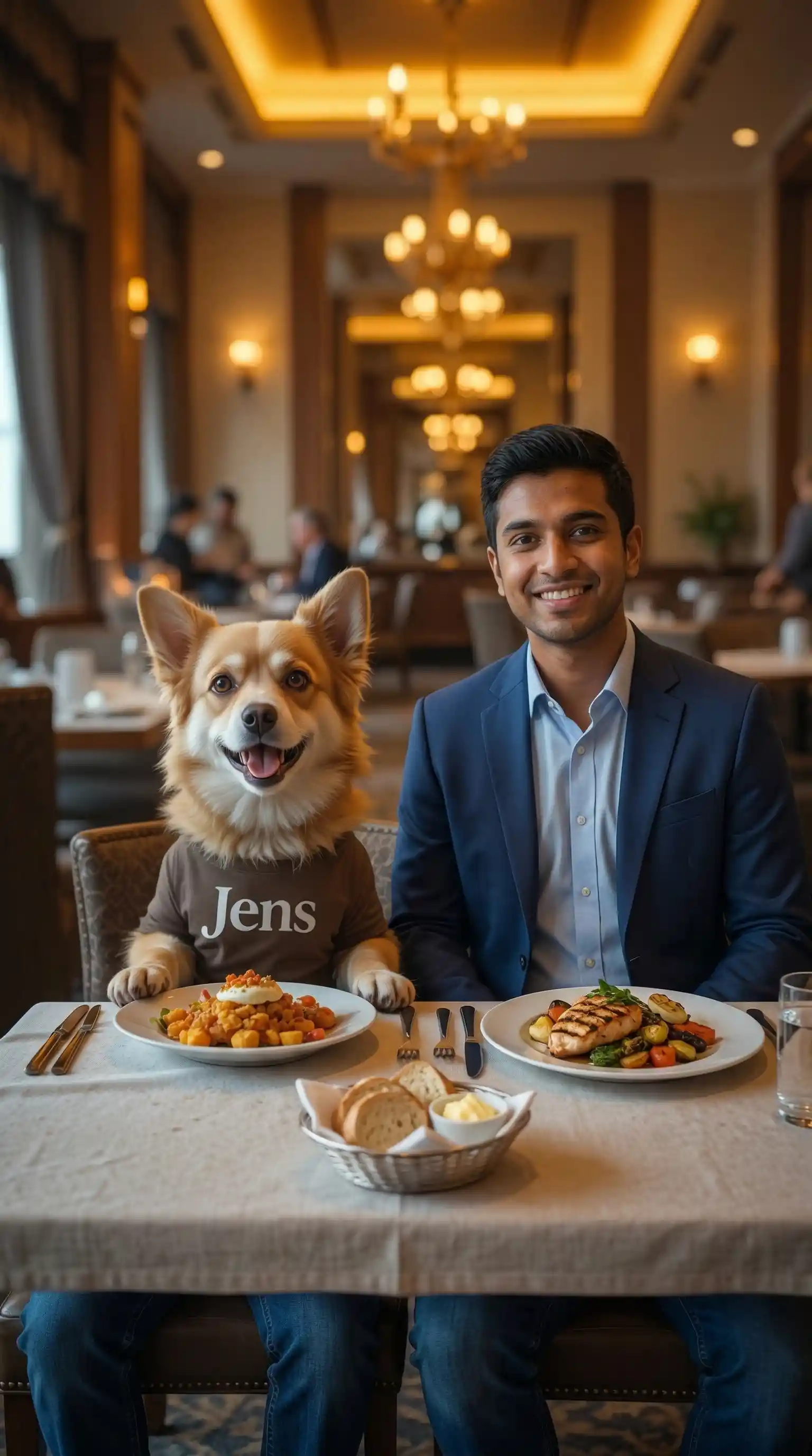 Cachorro de camiseta e jeans comendo em um restaurante chique