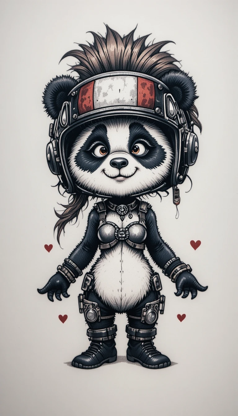 Panda motociclista brincalhona em preto e branco simples