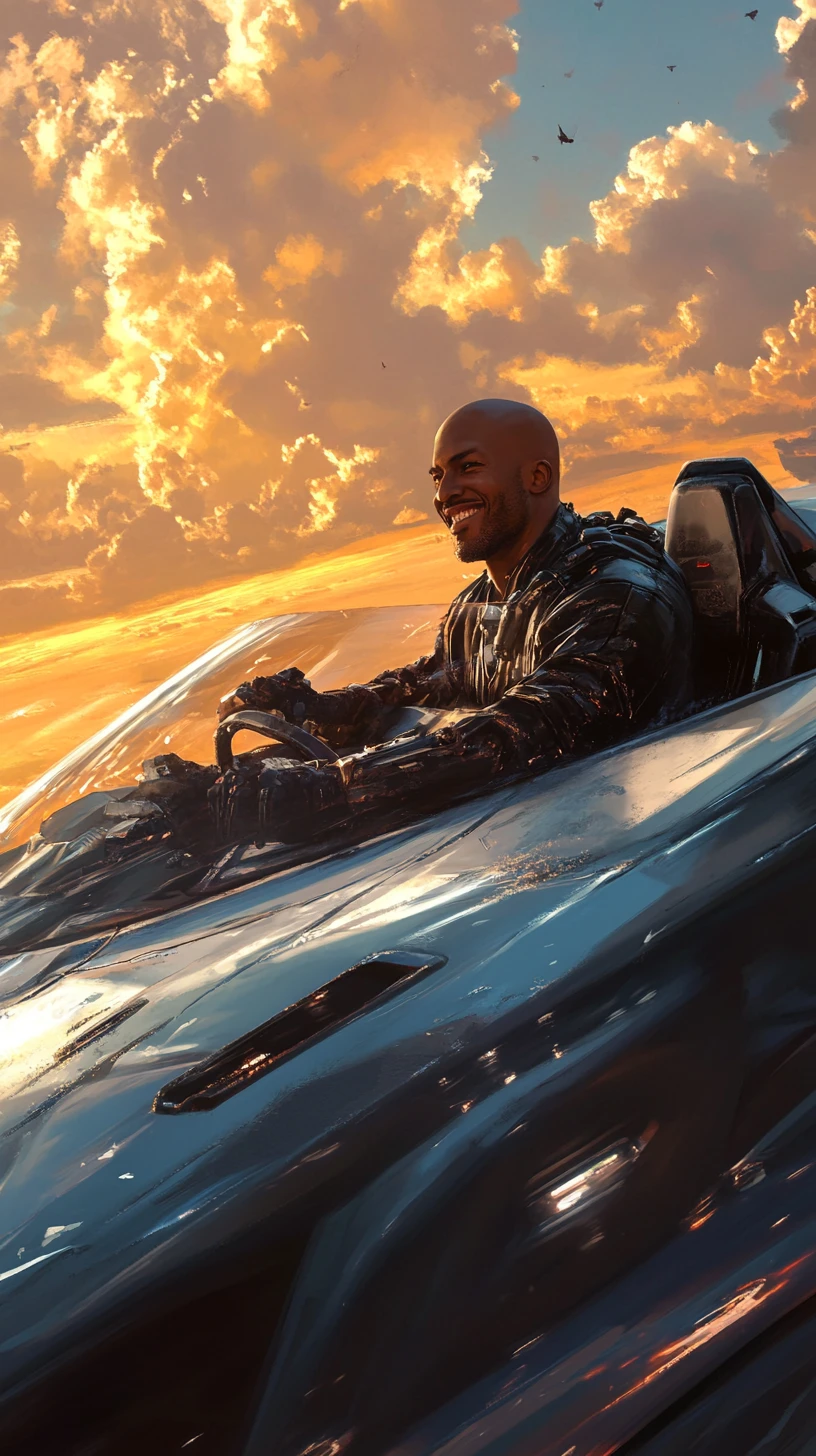 Uomo sorridente e calvo che guida un'auto futuristica al tramonto