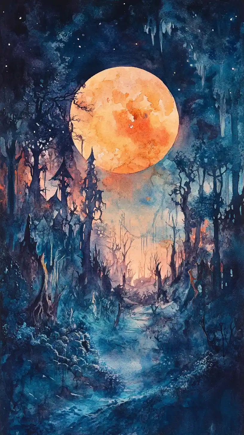 Mystical fairy tale scene in watercolor at night