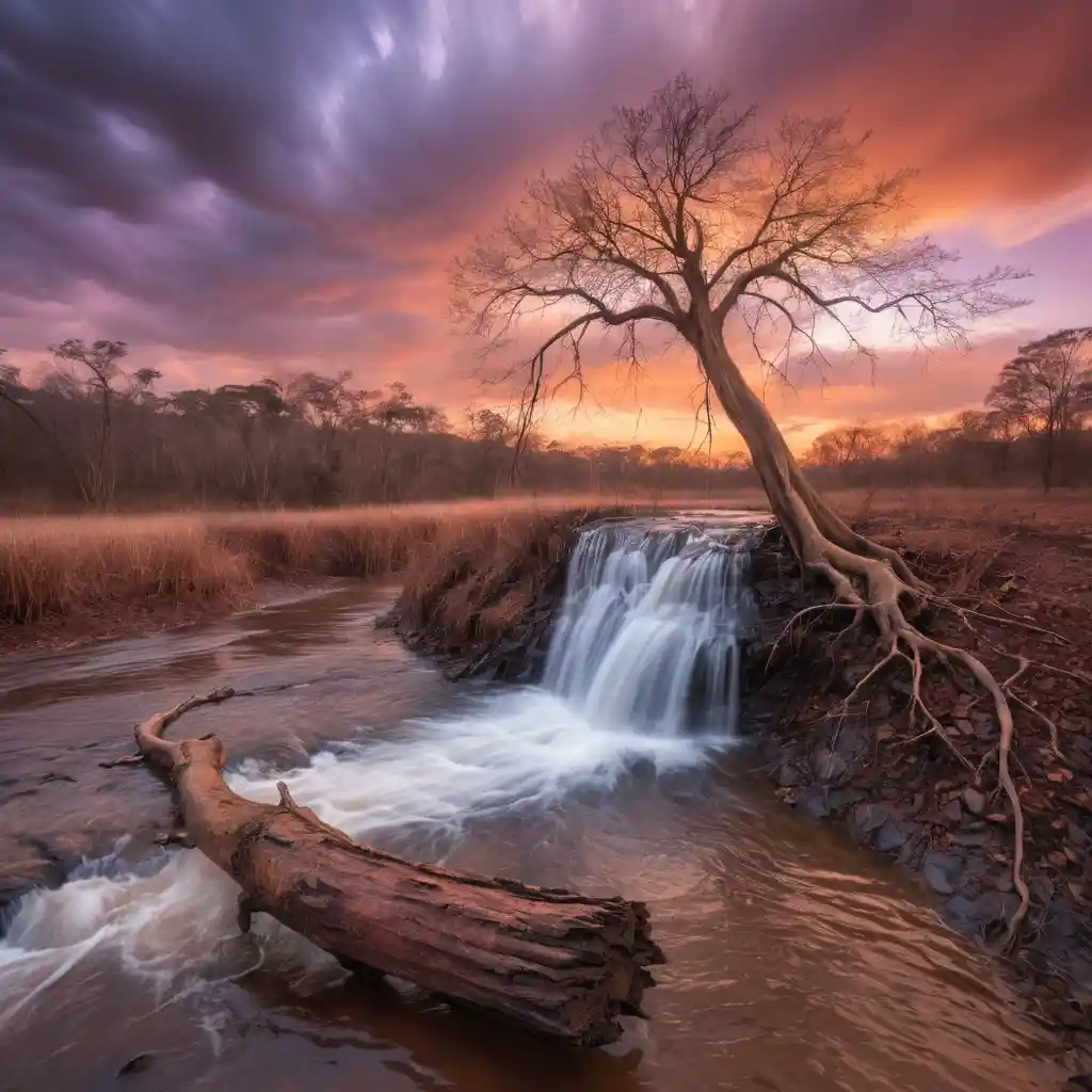 Small waterfall on the Orinoco River at tranquil sunset