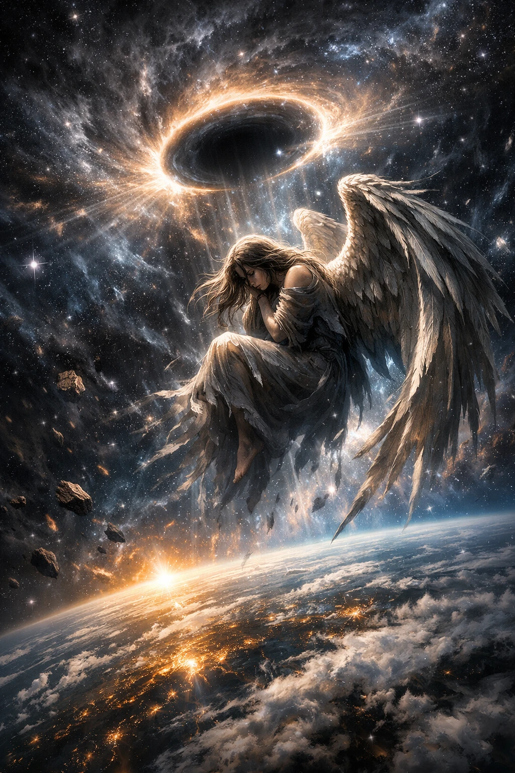 Anjo triste se afastando da Terra rumo ao espaço profundo
