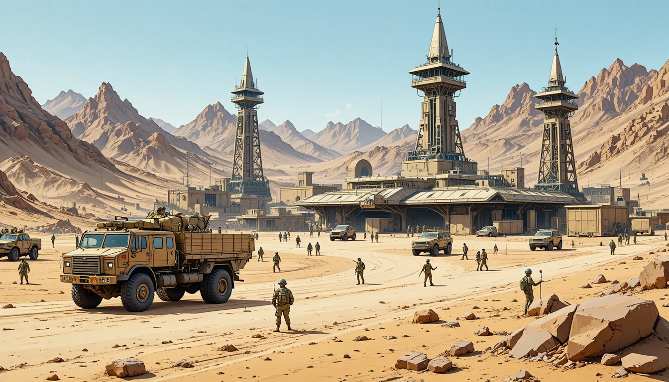 High tech military base in a vast desert landscape