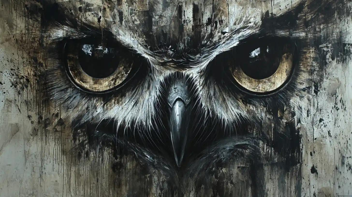 Owl eyes in surreal mixed media charcoal and ink painting