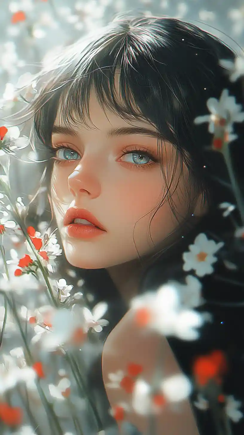 Ritratto di ragazza anime con fiori e luce scintillante