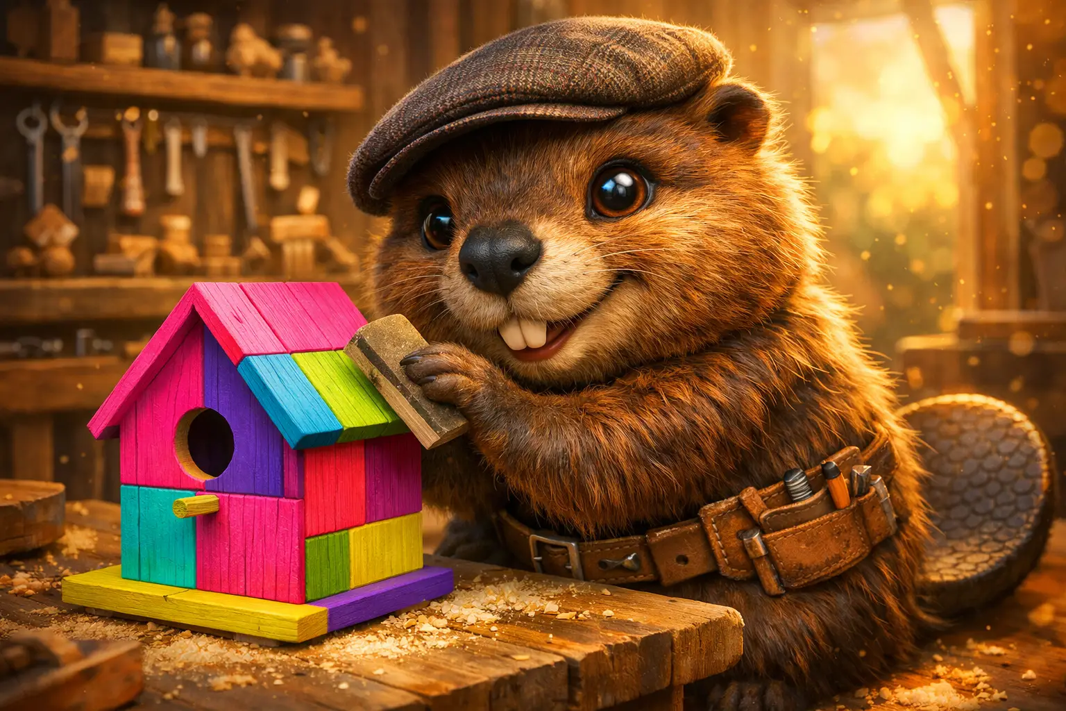 年輕海狸打磨霓虹塗裝木製鳥屋