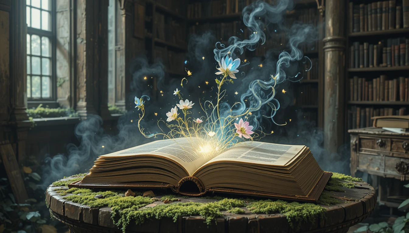 Antico libro luminoso su piedistallo muschioso in una biblioteca dimenticata