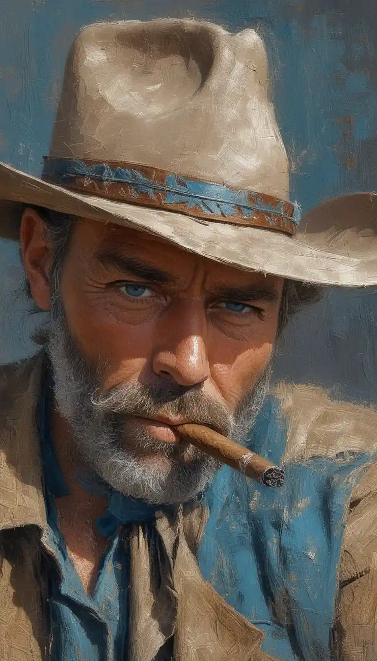 Cowboy barbudo melancólico fumando um charuto em luz dramática