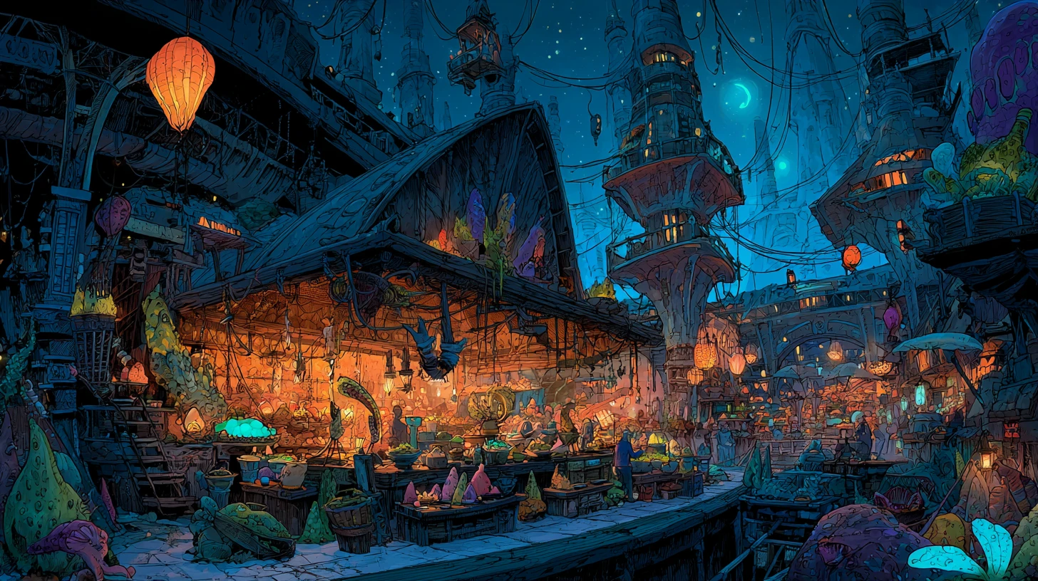 Marché extraterrestre chaotique sous un ciel lumineux à deux soleils