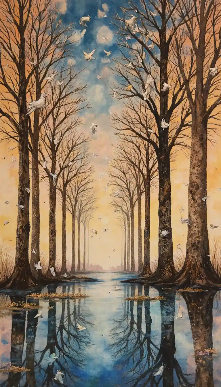 Pássaros e árvores em tinta surreal formando uma ilusão abstrata