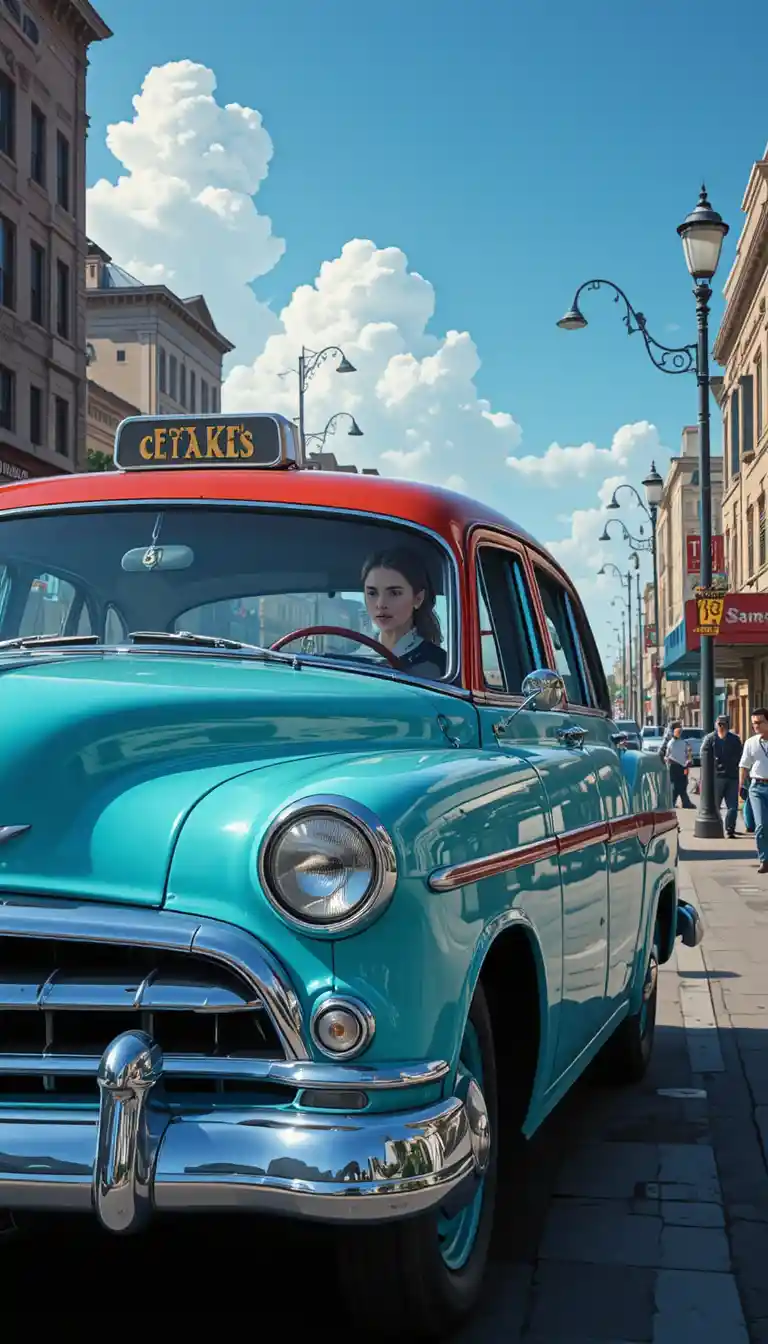 Vintage turquoise 1950s taxi on a sunny city street