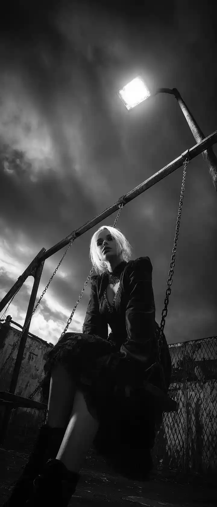Gothic woman on a swing in a decayed urban playground