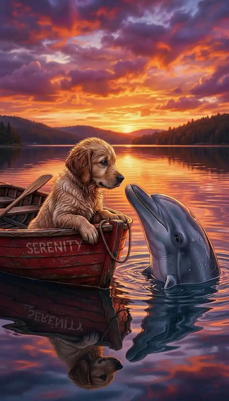 Filhote de golden retriever em um barco encontra um golfinho curioso