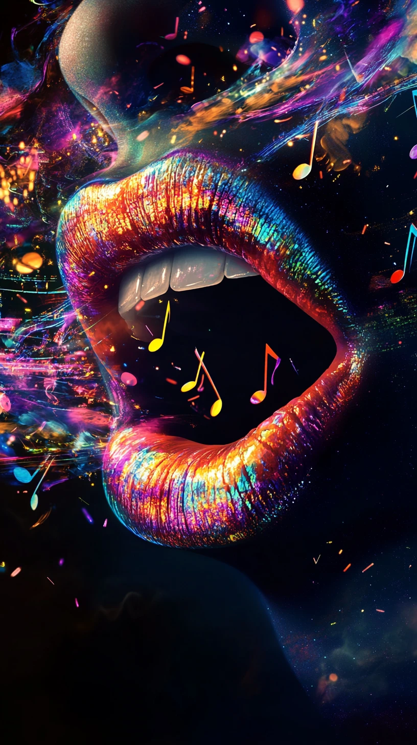 Notas musicais surreais escapando de lábios coloridos em movimento