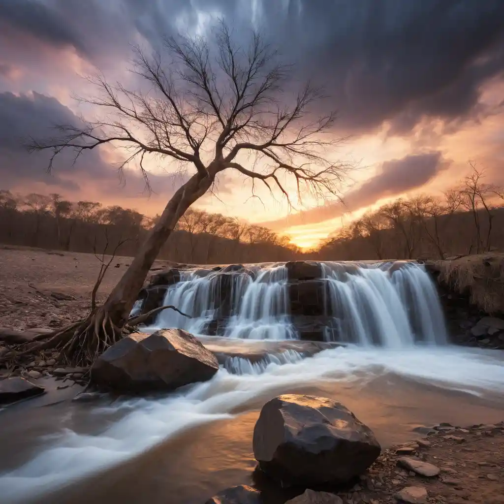 Small river waterfall at sunset with bare leaning tree