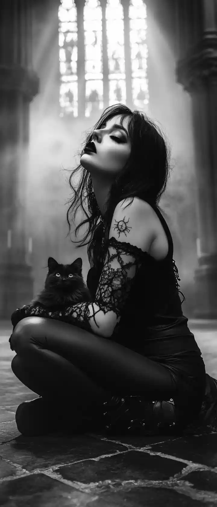 Femme gothique avec chaton dans l’intérieur d’une église éclairée à la bougie