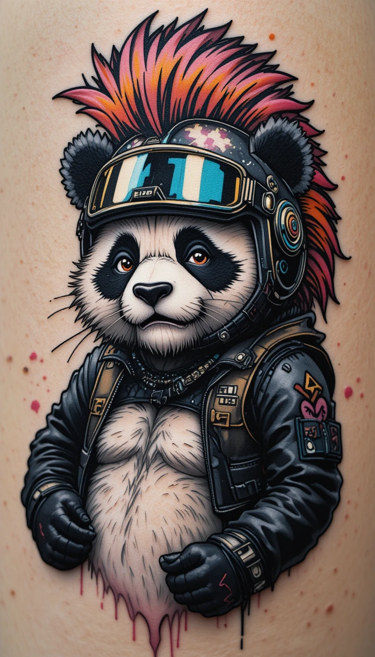 Panda motoqueiro em desenho animado com capacete moicano em preto e branco